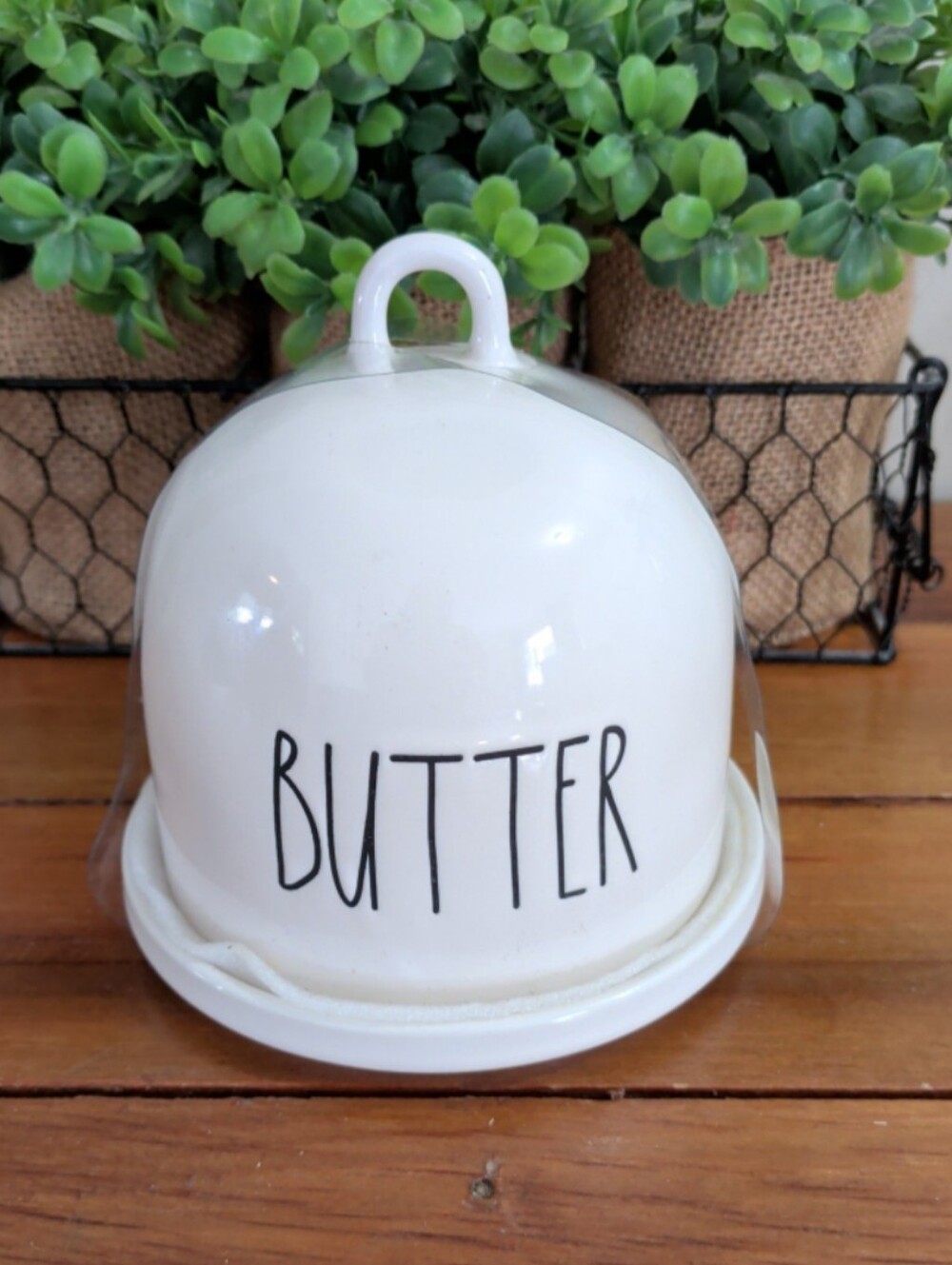 Rae Dunn Round Dome Butter Saver with the word "BUTTER"